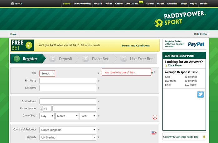Enter your Personal Details at Paddy Power