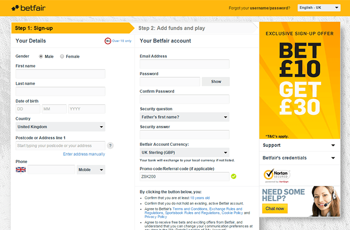 Betfair Casino Registration Form