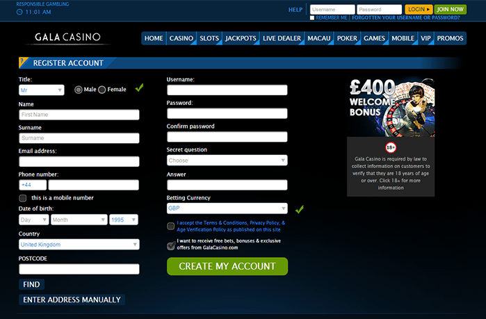 Register a New Account at Gala Casino